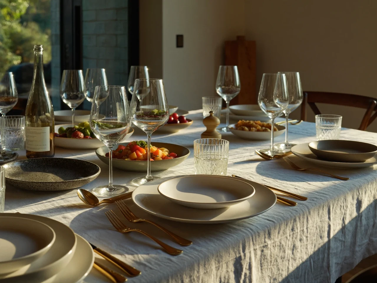 Gedeckter Tisch mit Steinzeugtellern, Gläsern und Besteck im harten Morgenlicht